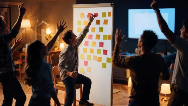 Friends placing stickers high on a tall draft board at a draft party