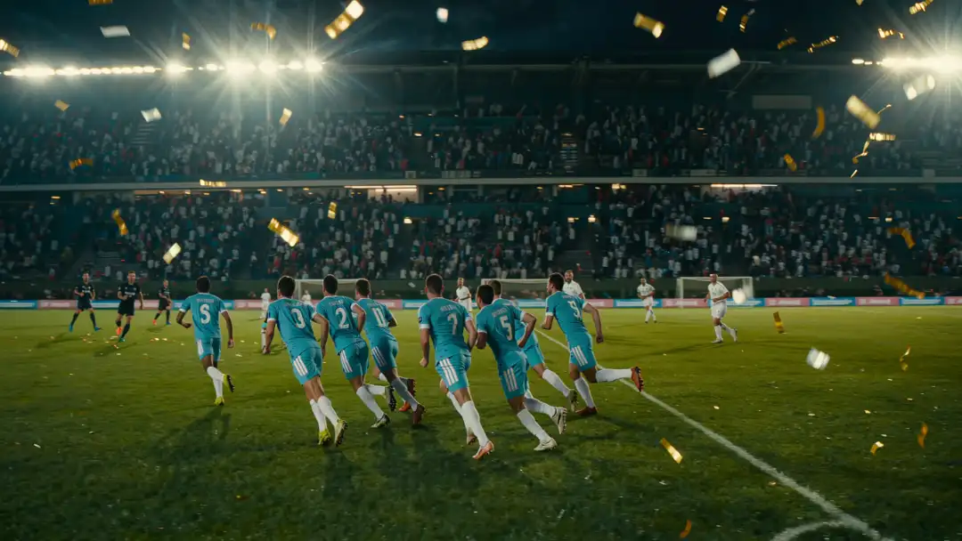 Players in sky blue and white sprinting to the corner flag in celebration under floodlights