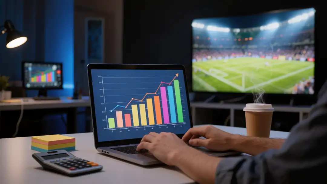 Focused manager at a desk with charts, calculator and a game on TV