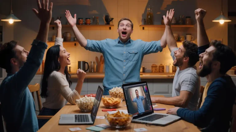 Friends raising hands and shouting bids during a fantasy auction draft