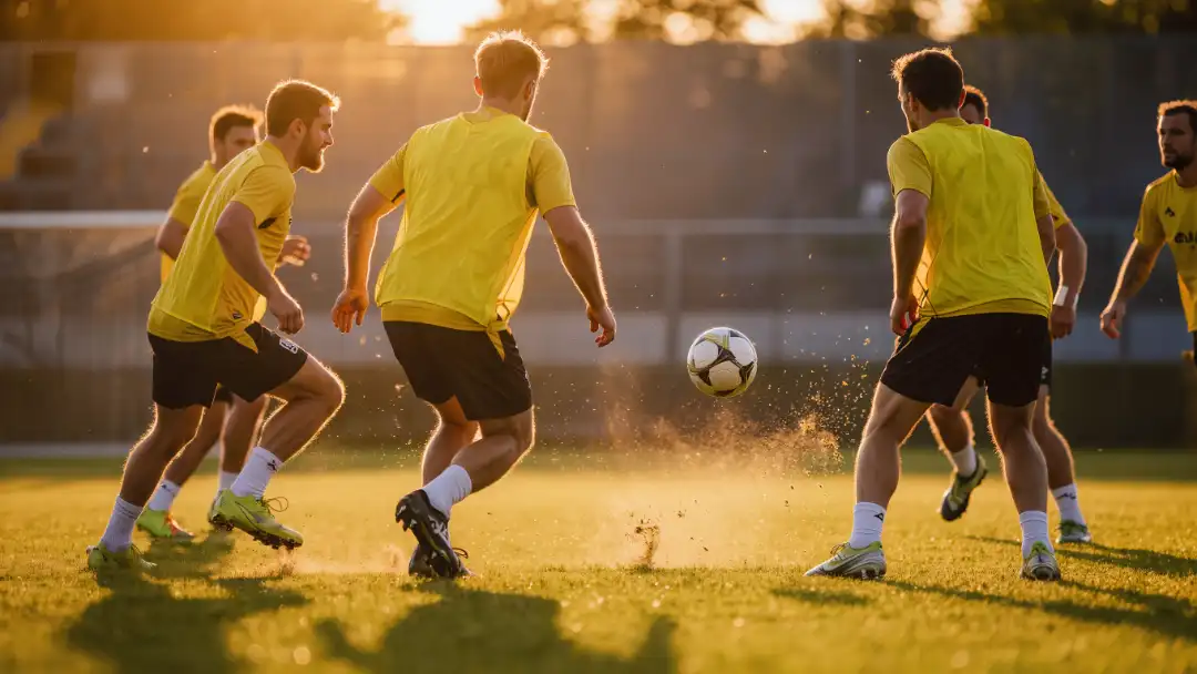 Players in yellow bibs in a fast rondo passing drill at golden hour in Brazil World Cup training