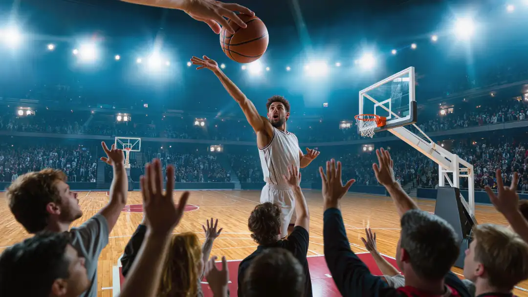 basketball arcing toward the rim in the final second as the crowd rises