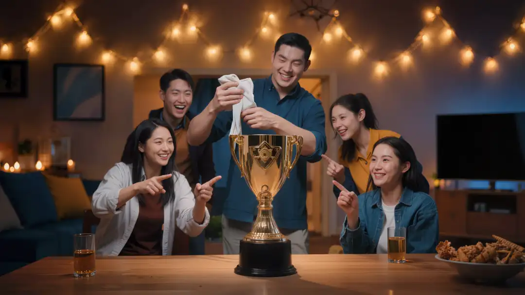 Friends gathered around a gleaming fantasy league trophy laughing