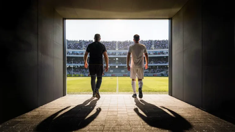 Veteran player and young rookie walking side by side out of a stadium tunnel