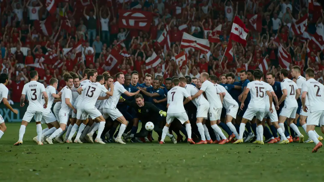 Attackers in white rising for a corner kick in a crowded penalty box at twilight