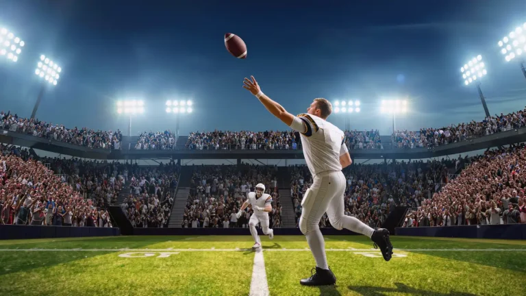 Quarterback releasing a long pass under primetime lights as the crowd rises