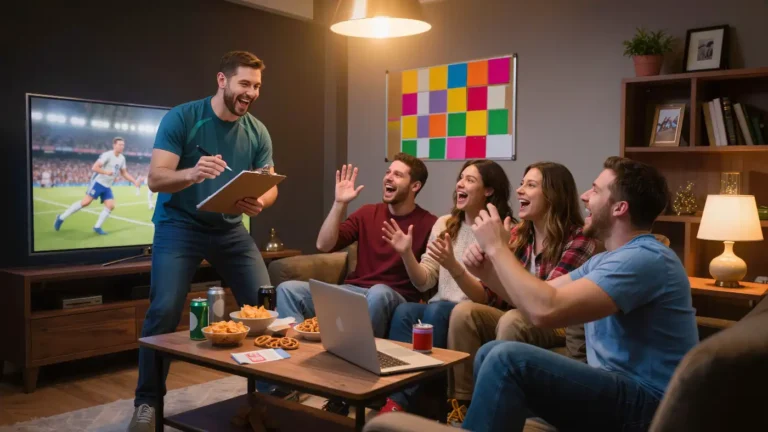 Friends at a fantasy draft party reacting to a pick in front of a draft board