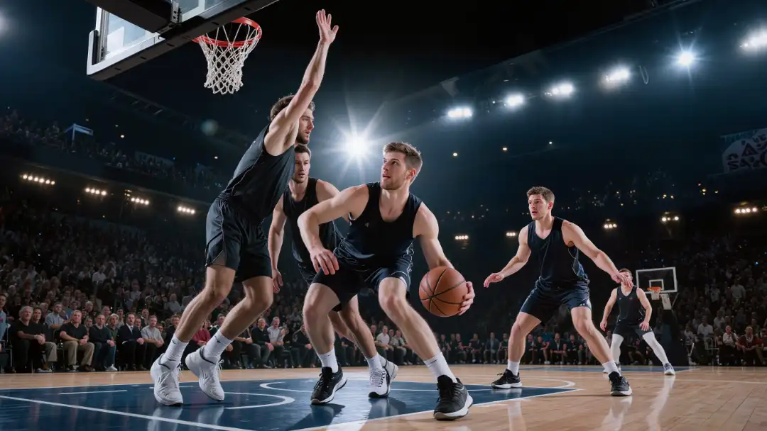 A point guard drives into two defenders while a shooter waits open in the corner — a possession at its decision point