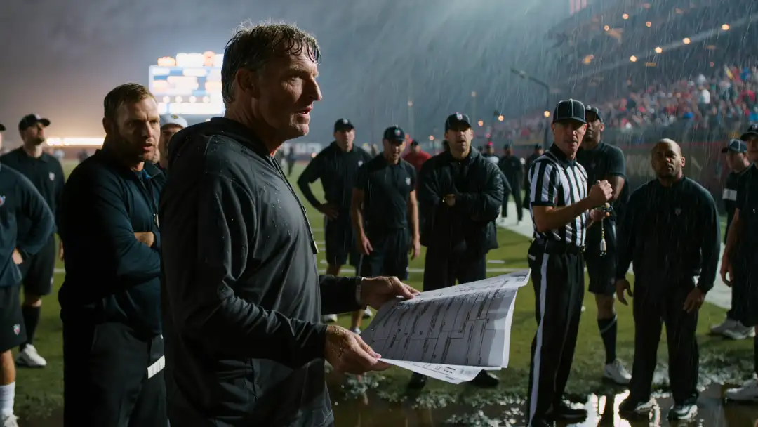 A head coach studies his play sheet on a rain-soaked sideline while awaiting a fourth-down decision