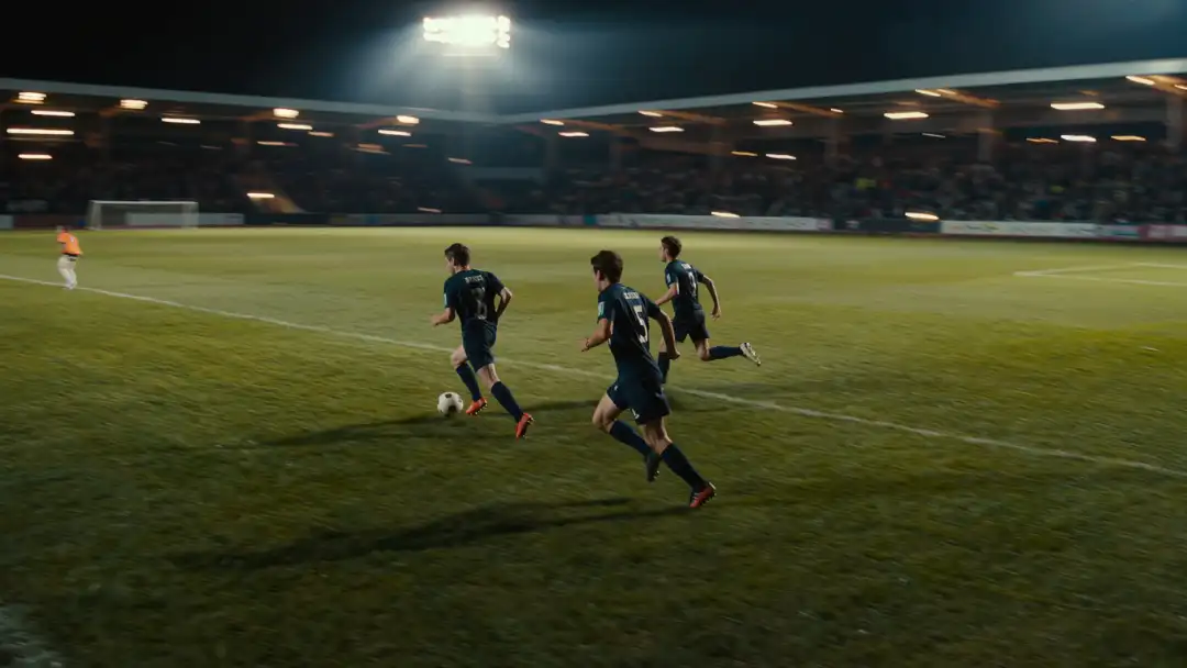 Three attackers in navy kits sprinting upfield on a fast counterattack at night