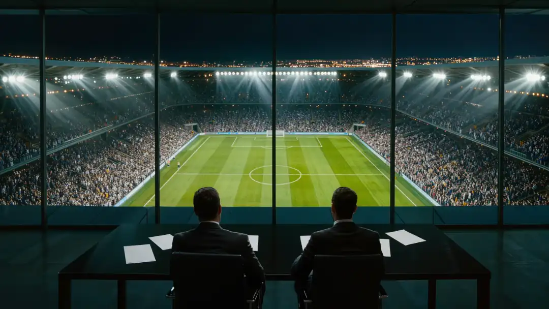 executives watching a night game from a glass suite above the field