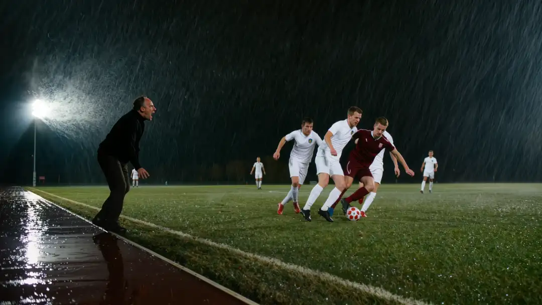 Four players in white pressing an opponent on a rain slicked pitch with coach shouting