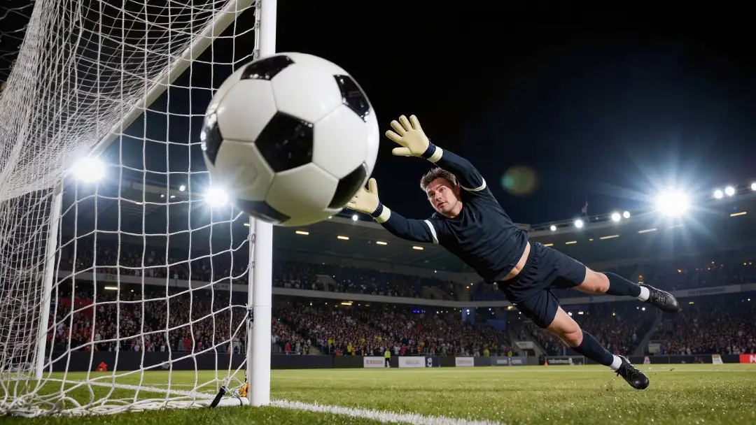 Ball hitting the top corner of the net as the goalkeeper dives at full stretch