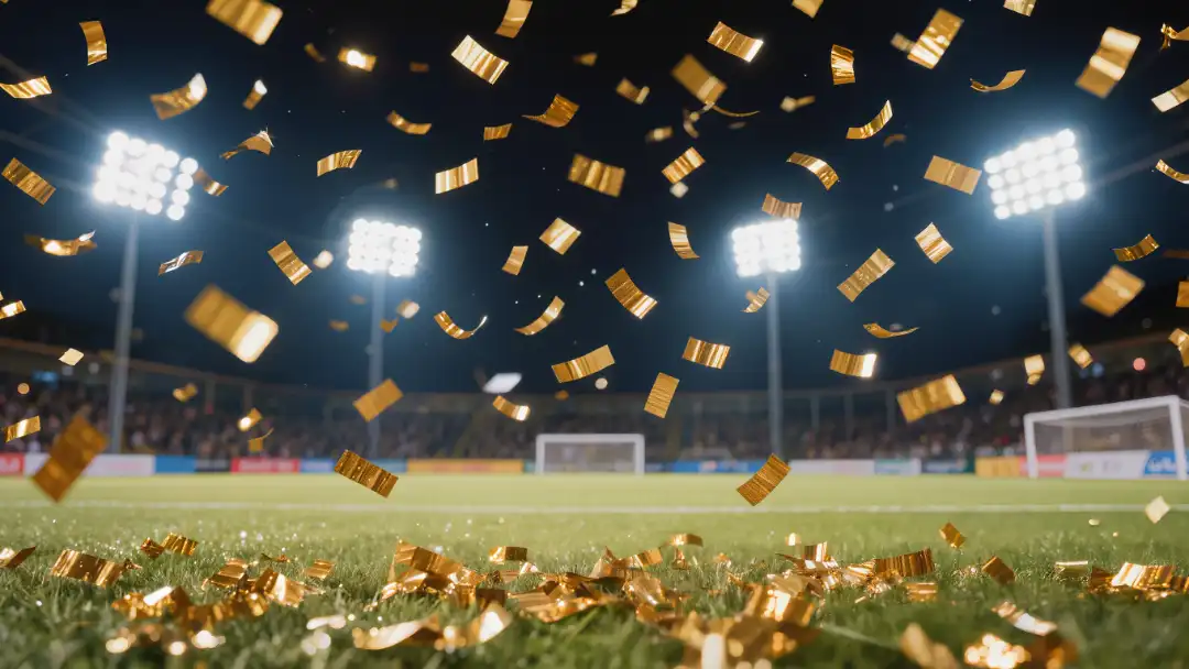 Golden confetti falling over a floodlit pitch after a final