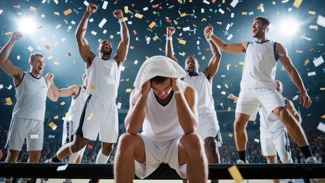 An exhausted player sits alone on the bench while teammates celebrate a comeback win under falling confetti