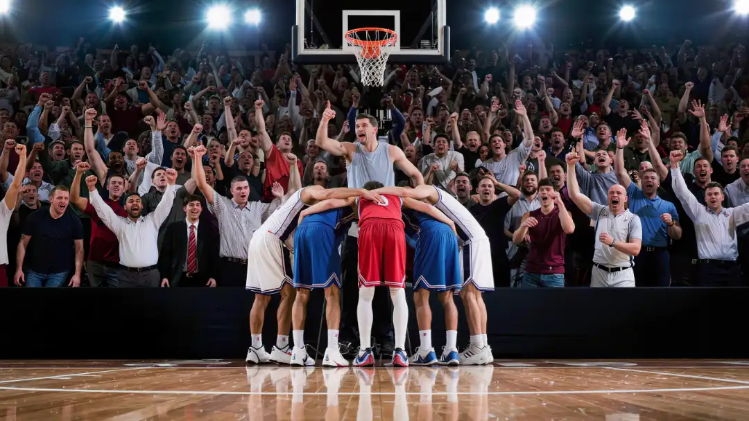 Visiting team huddled at the bench surrounded by a wall of hostile home fans
