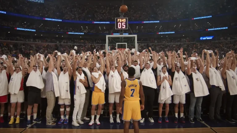Home crowd waving towels behind the basket as a player prepares a free throw