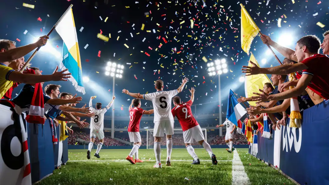 home players celebrating a goal in front of their supporters