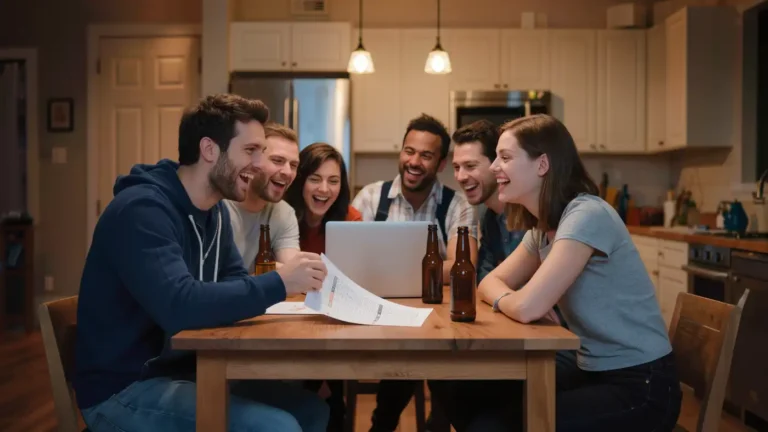Two friends in animated negotiation over rosters at a kitchen table