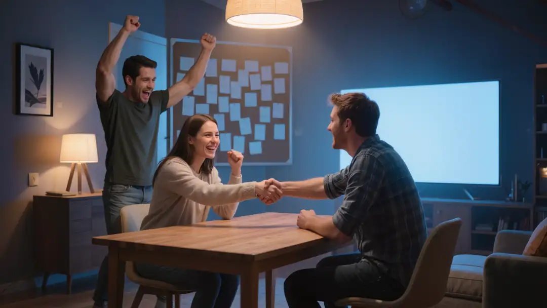 Two friends shaking hands on a trade while a third protests