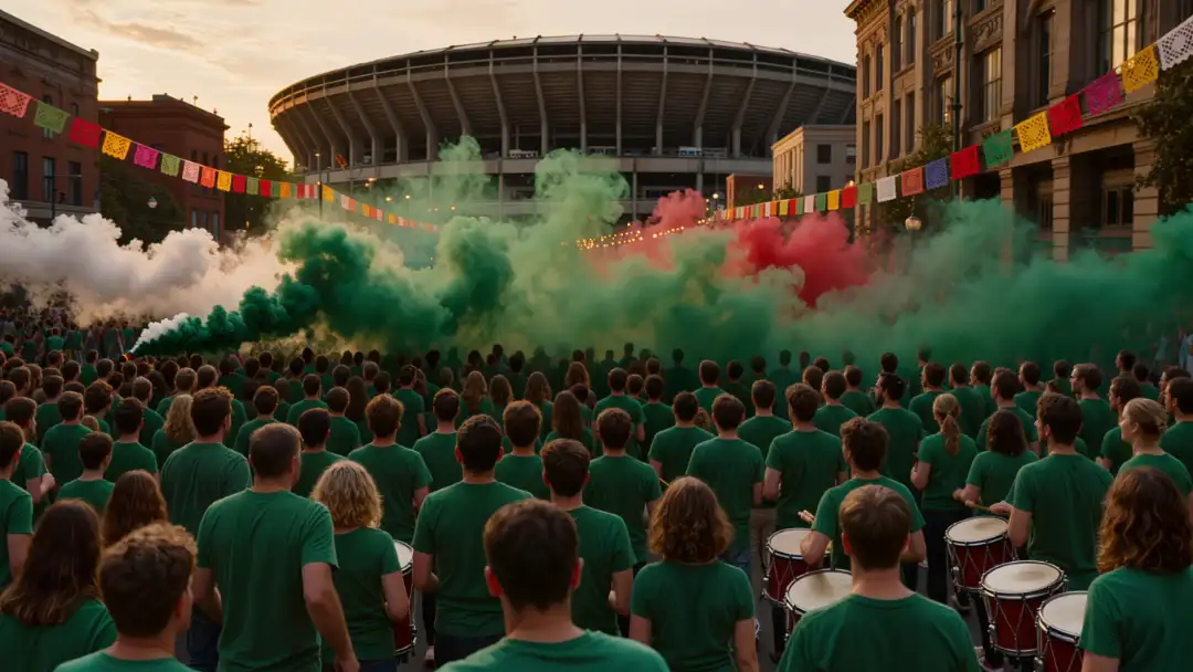 Festive river of fans in green flowing toward a massive concrete stadium at dusk