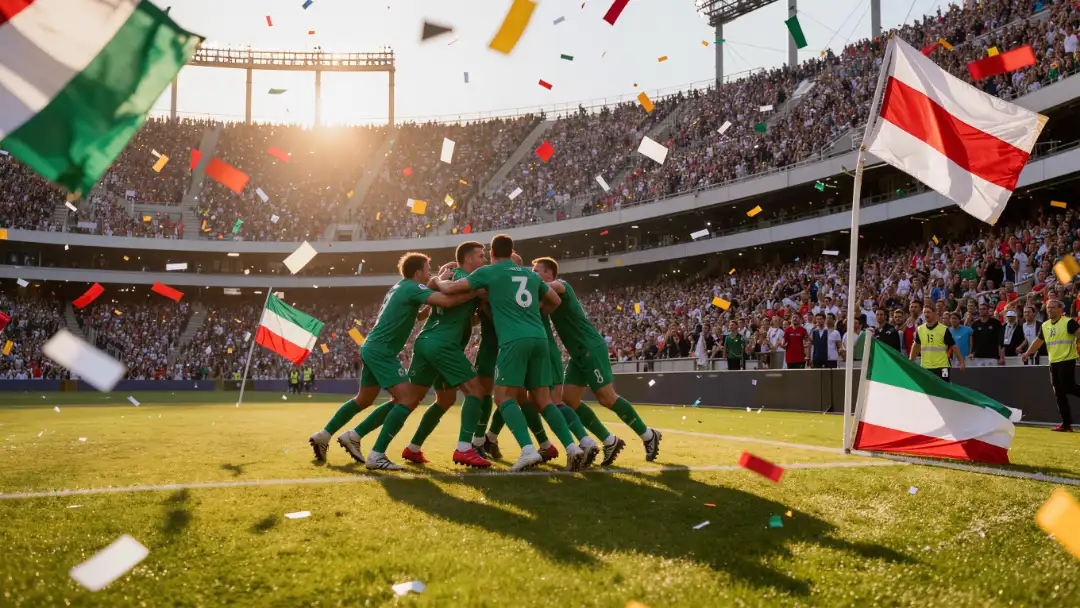 Players in green shirts mobbing a goalscorer near the corner flag in a packed stadium