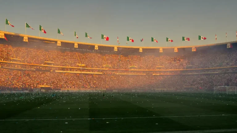 Packed Estadio-style stadium in Mexico City at golden hour with green white and red flags and confetti