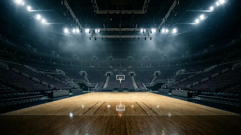 Modern basketball arena before tip-off with polished hardwood reflecting the lights