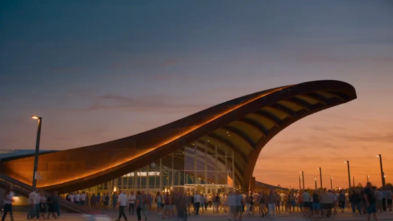Modern glass arena exterior in Brooklyn at dusk with crowds in motion blur