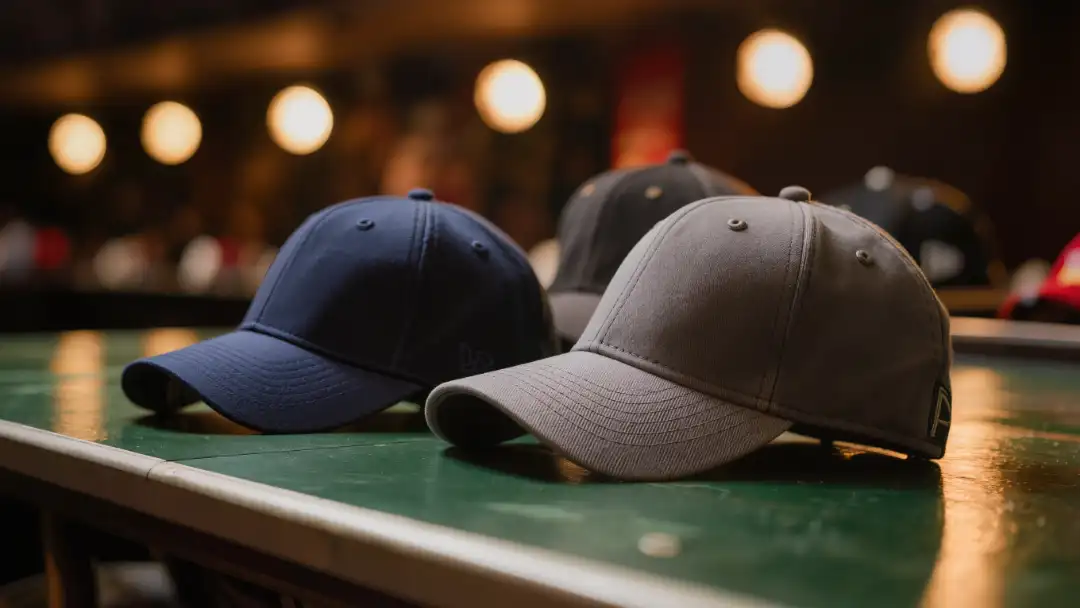 Plain caps arranged on a polished green-room table backstage