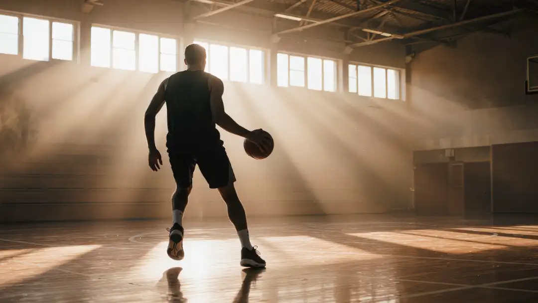 Silhouette of a tall young basketball player training in an empty gym at dawn