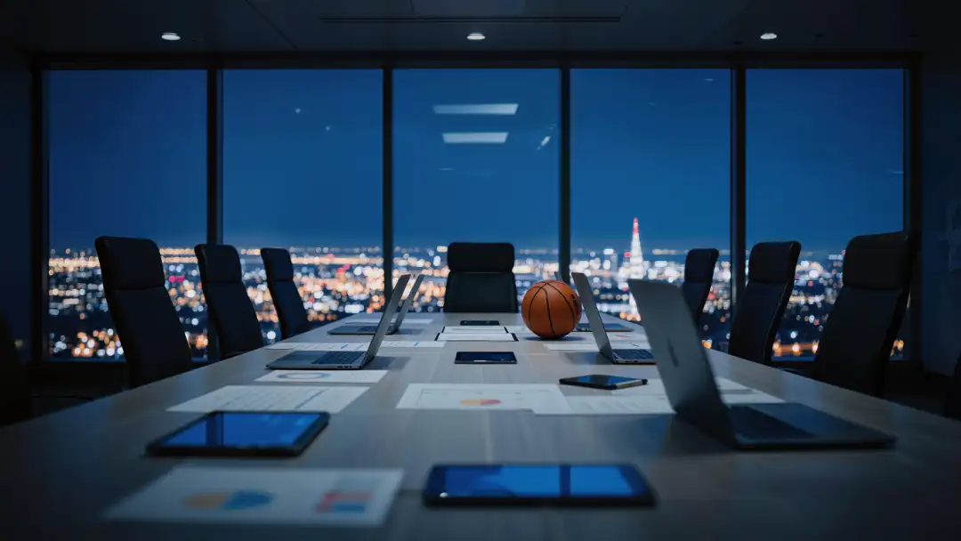 Front-office war room with laptops, charts and a basketball on the table