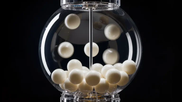 Transparent lottery machine drum with white ping pong balls tumbling