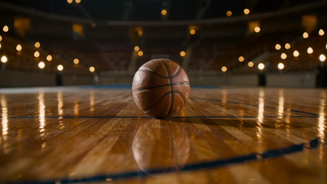 Basketball resting on the center line of a glossy hardwood court