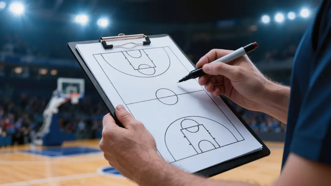 Coach holding a blank tactical clipboard with a court diagram
