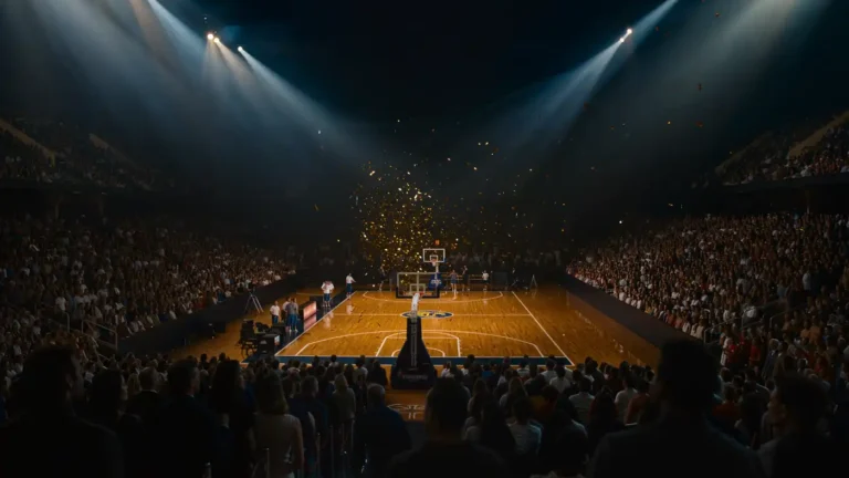 Golden confetti falling through spotlights over an NBA arena court