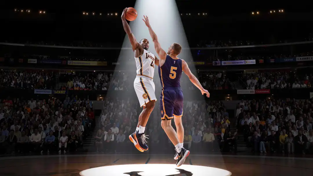 Player rising for a contested jumper under a dramatic spotlight in a packed arena