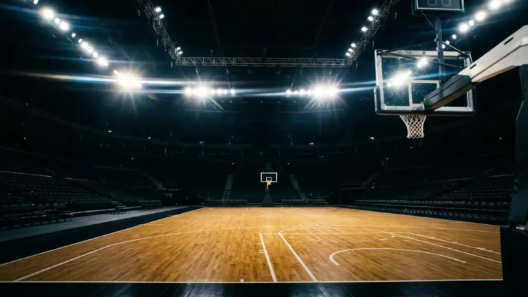 Empty basketball court seen baseline to baseline under flaring arena lights