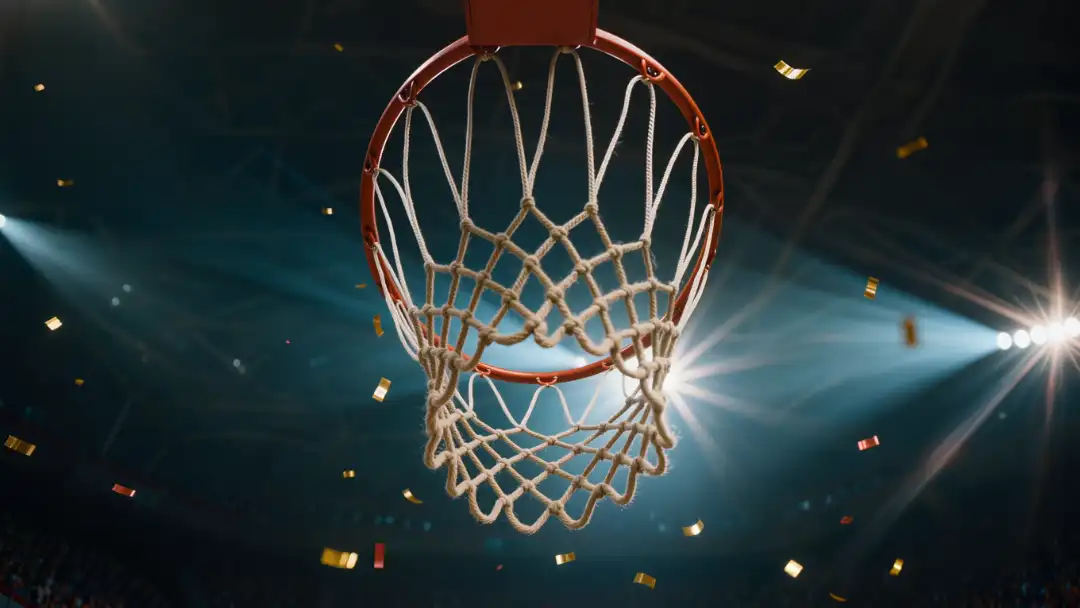 Low-angle close-up of a basketball hoop and backboard in a playoff arena