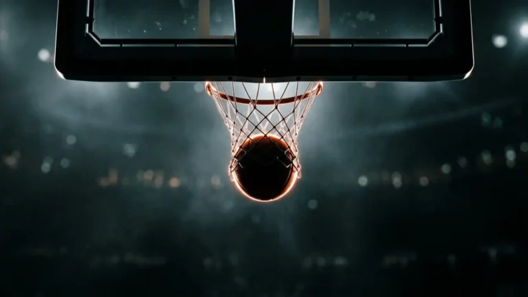 Backlit basketball dropping through the net in a dark arena
