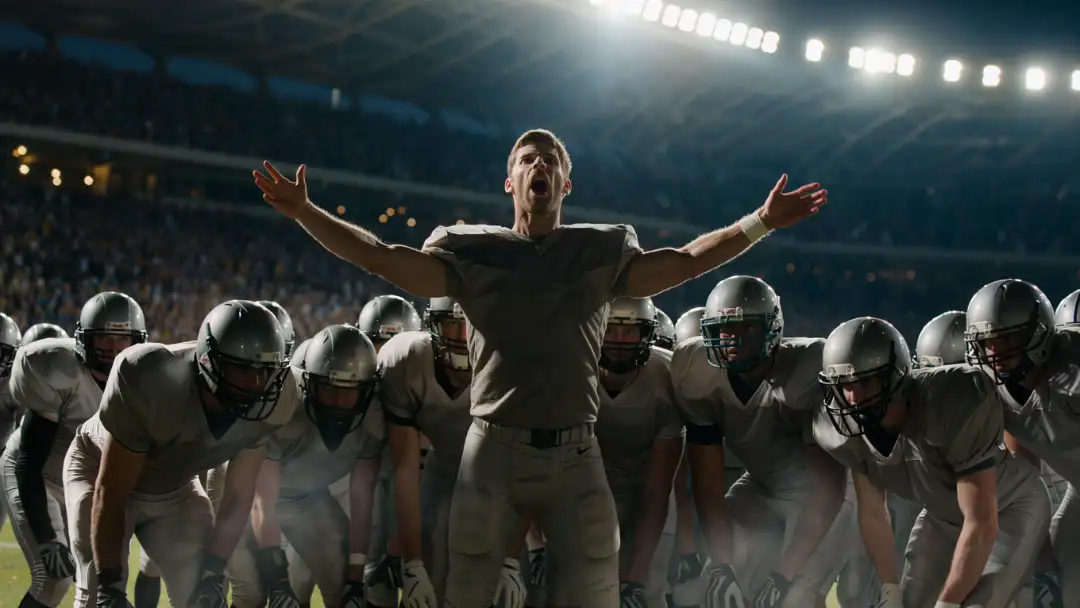 Rookie quarterback commanding the huddle under stadium lights