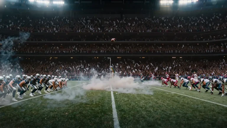 Packed NFL stadium at night during the opening kickoff of the 2026 season