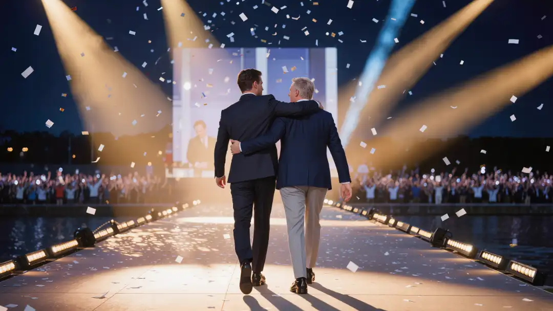 Draft pick celebrating on a glowing stage before a riverfront crowd