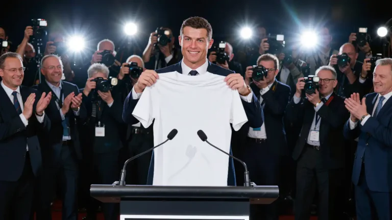 New player holding up a blank jersey at a press conference amid camera flashes