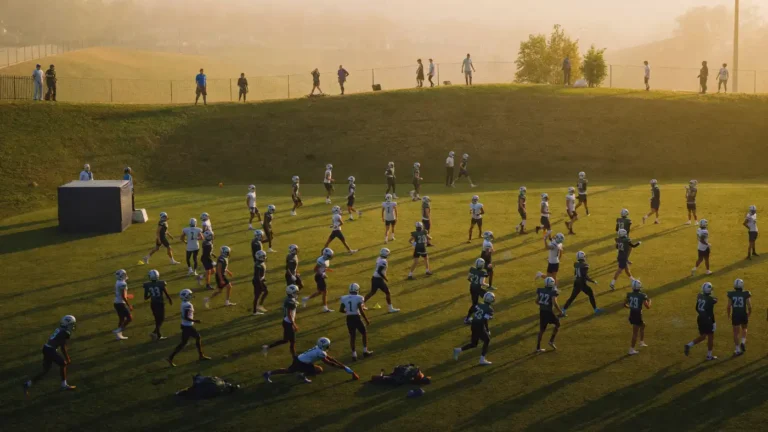 Training camp practice field at golden hour with players stretching in long lines