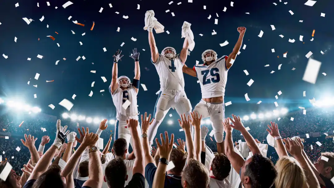 Football players celebrating a winning touchdown as the stadium erupts