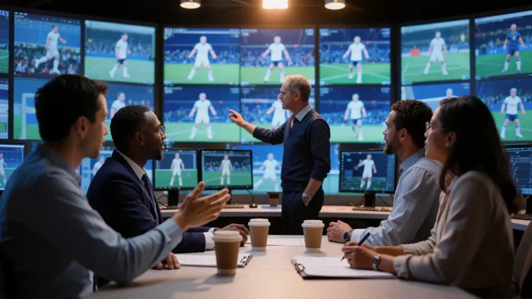 Analysts debating team rankings in front of a wall of game footage screens