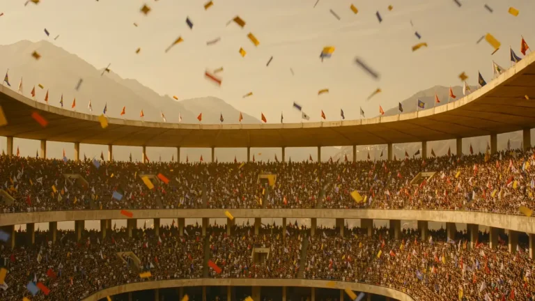 Packed retro concrete bowl stadium with confetti and flags in warm mountain light