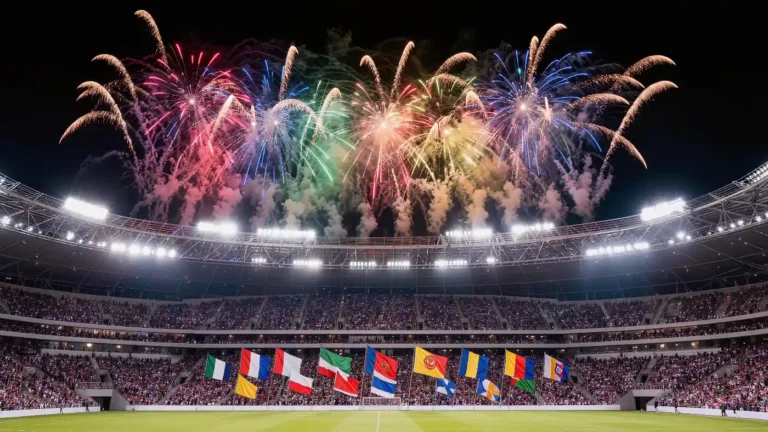 Packed stadium at night with fireworks and rows of national flags