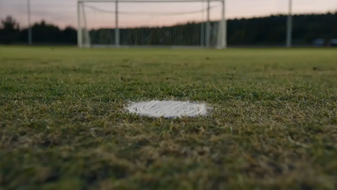 Close-up of a chalk-white penalty spot on worn grass under floodlights